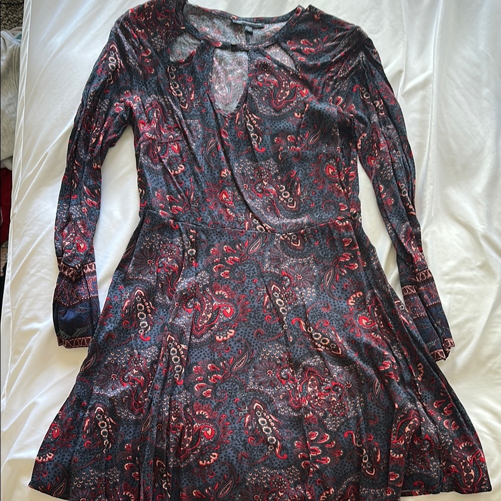American Eagle Outfitters Red and Black Long Sleeve Dress